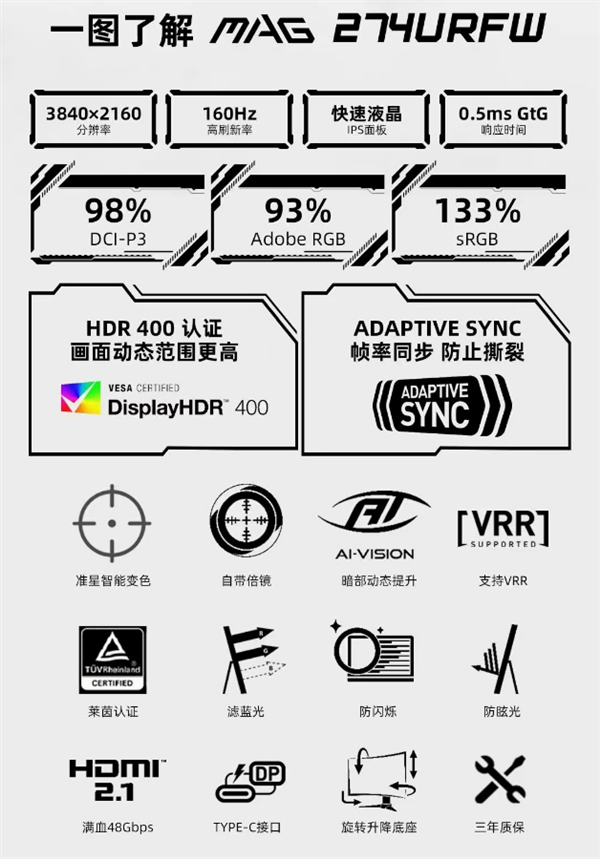 2499元三年质保！微星发布4K纯白显示器MAG 274URFW