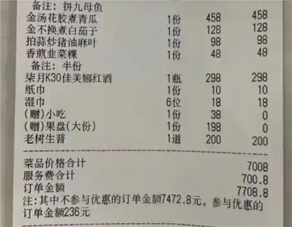 女子用餐被收700元服务费却无服务 官方回应1对1管家服务:网友感慨