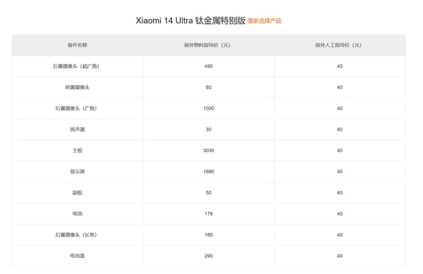 小米14 Ultra钛金属版保外维修报价公布：一块主板顶一台K70