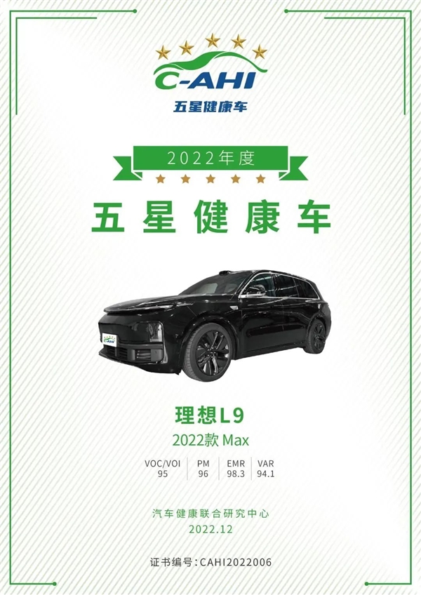 钟南山亲自颁发!理想L9获颁“五星健康车”:383.4分创造历史