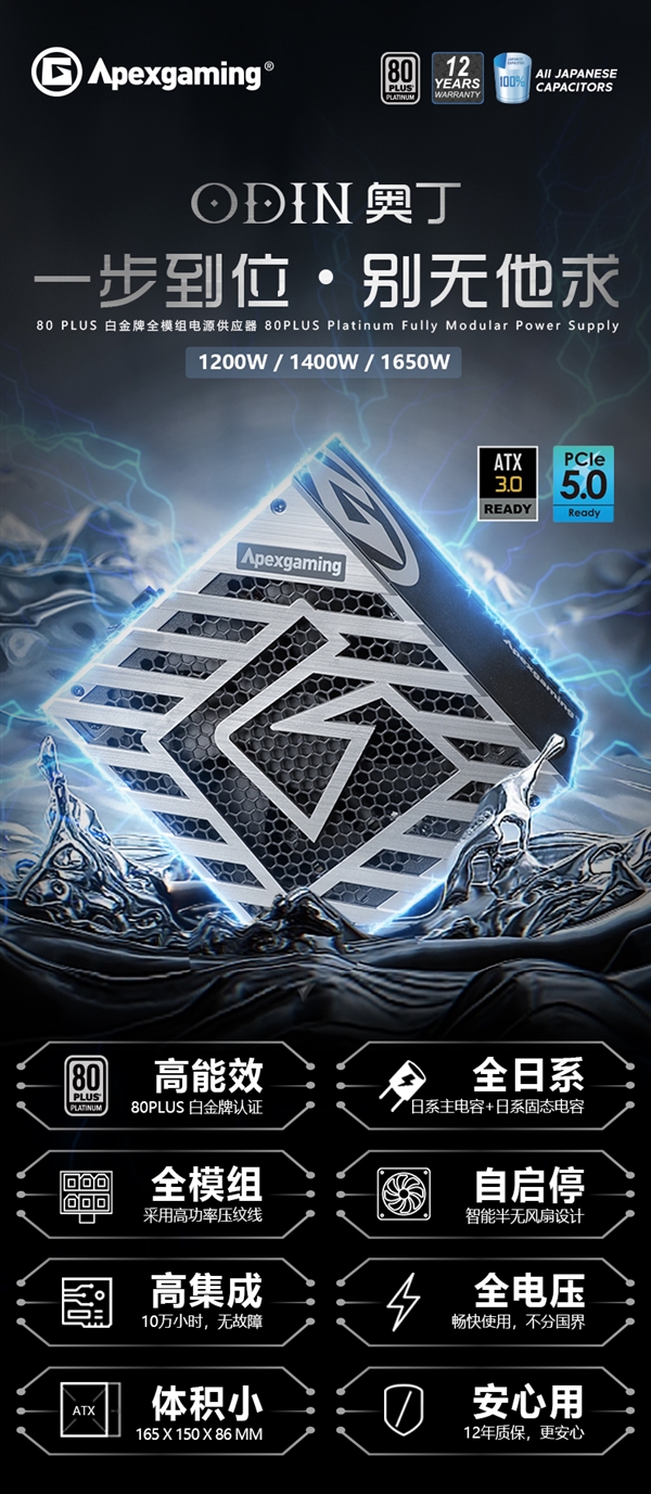 艾湃电竞发布千瓦ATX 3.0全模组电源奥丁系列:80 PLUS白金认证、可零噪音