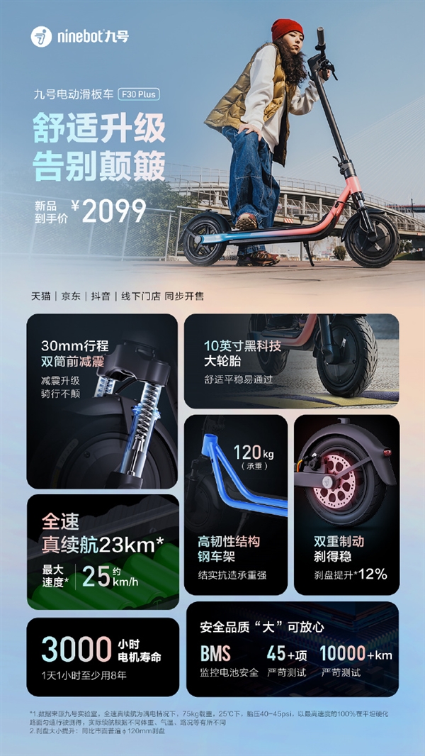短途神器!九号电动滑板车F30 Plus发布:200斤壮汉也能骑 2099元