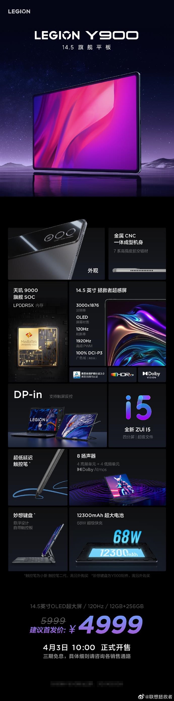 14.5英寸3K屏!联想拯救者Y900开售:天玑9000机皇平板 4999元