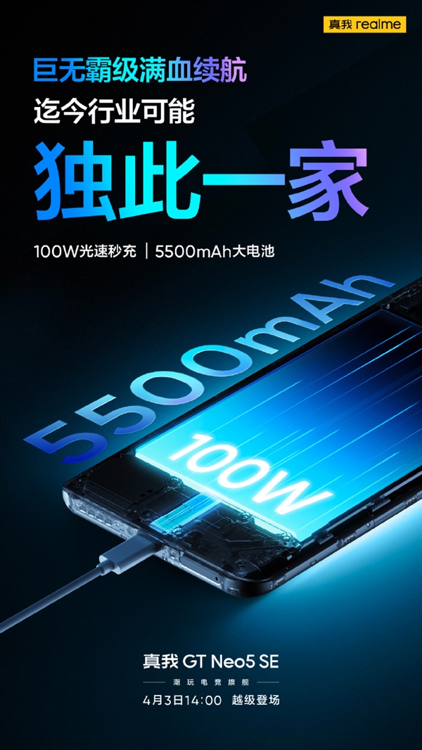 独此一家!真我GT Neo5 SE梦幻续航组合:100W快充+5500mAh电池