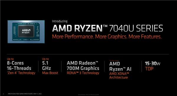 AMD正式发布锐龙7040U APU:最先进4nm Zen4、15W超低功耗