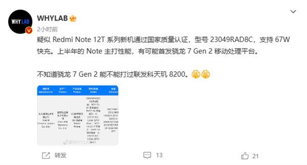 Redmi Note 12T系列新机入网:有望首发骁龙7 Gen 2