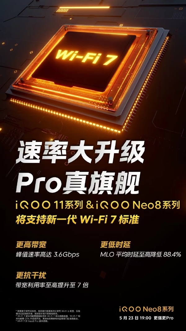 iQOO Neo8系列将支持Wi-Fi 7:峰值速率高达3.6Gbps