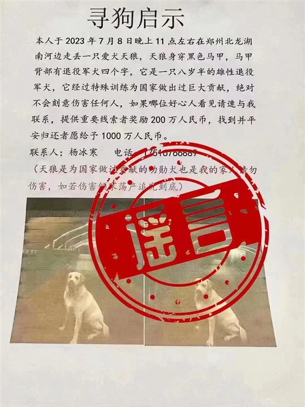 男子悬赏1000万元寻狗遭网友质疑 官方通报：为博眼球杜撰