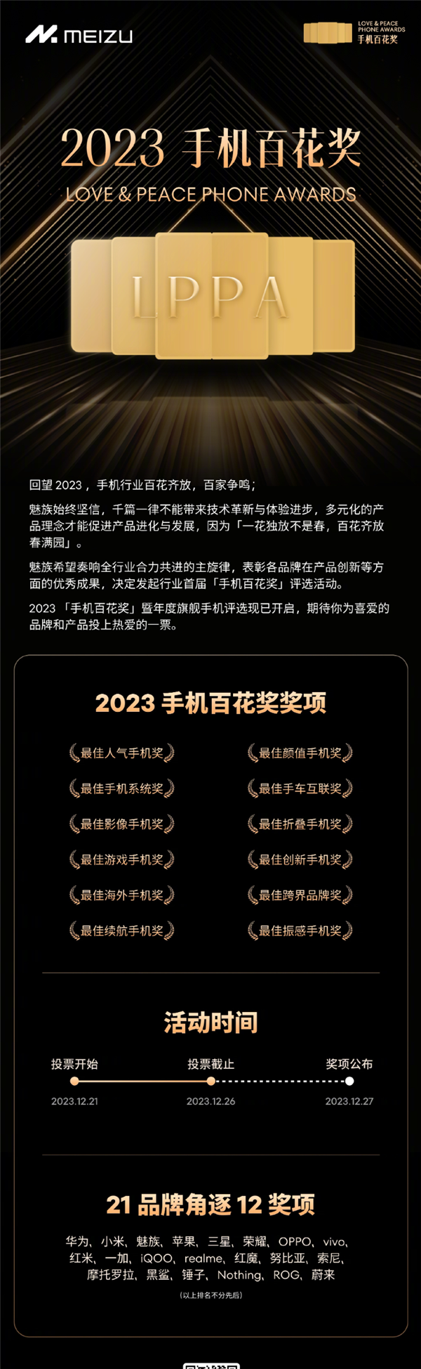 魅族开启首届2023手机百花奖评选：华为、小米等21个品牌角逐