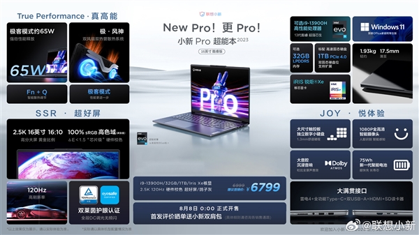 全面普及32GB内存！小新Pro 16超能本2023酷睿版开售 首发6799元