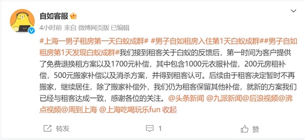 男子自如租房第1天发现白蚁成群:客服回应