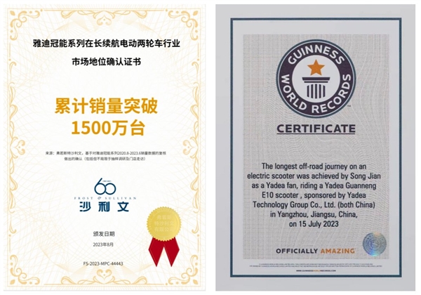 雅迪已连续6年问鼎全球电动两轮车销冠：冠能卖1500万台