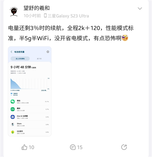 全程2K+120Hz能亮屏8个多小时!网友实测三星S23 Ultra:有点恐怖
