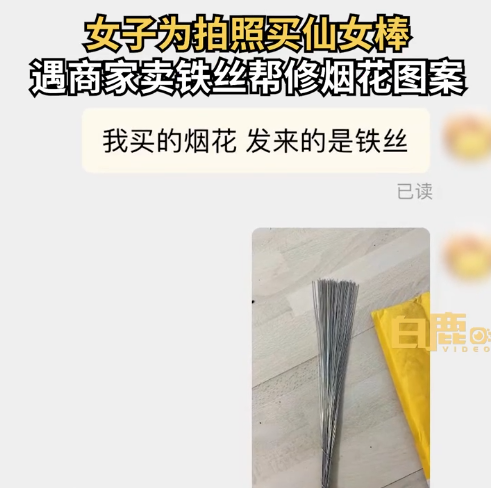 女子网购100根仙女棒收到100根铁丝 商家回应离谱：免费帮P烟花图