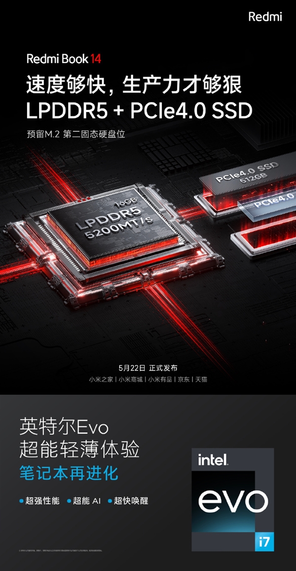 小米Redmi Book 14硬件一步到位:LPDDR5+PCIe4.0 SSD