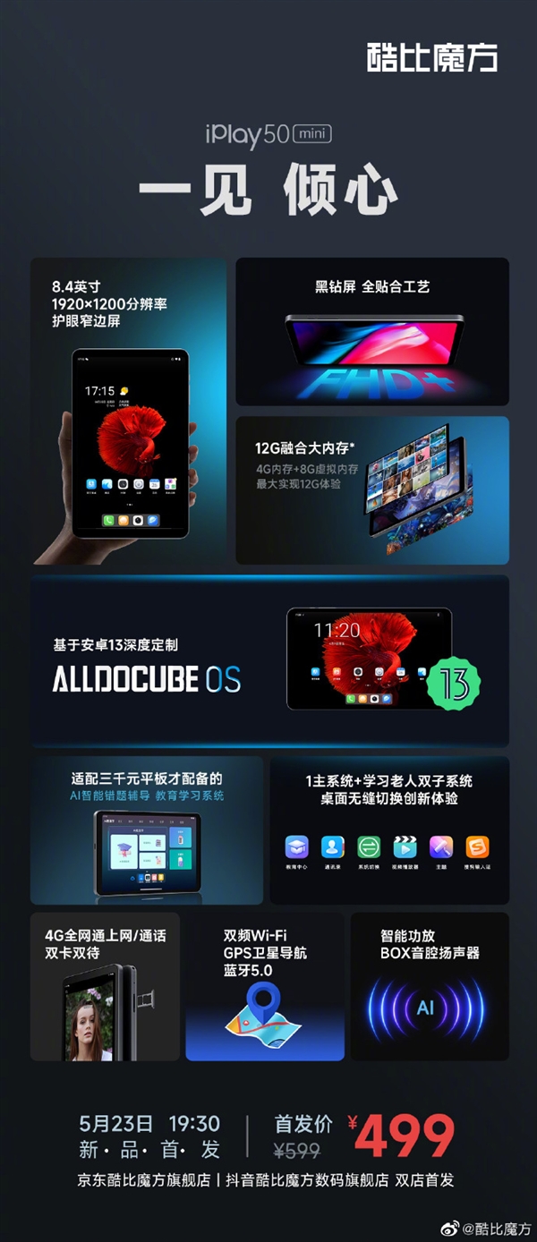 双4G全网通!酷比魔方iPlay 50 mini平板发布:499元起 国产12nm U