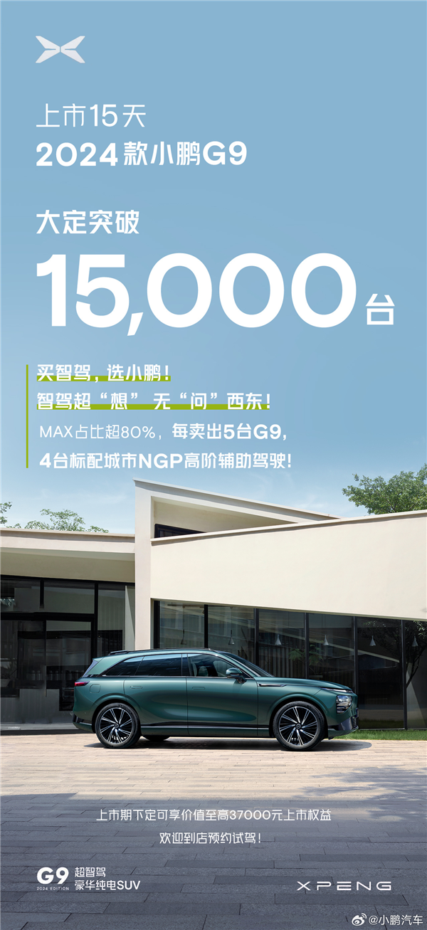 26.39万起！2024款小鹏G9上市15天大定破1.5万台：剑指问界、理想