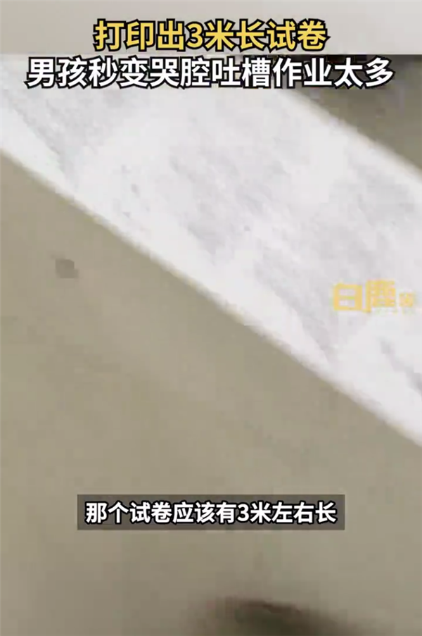 打印出3米长试卷9岁男孩秒变哭腔 这作业太多了：网友热议小学有必要吗？