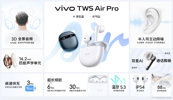 269元 vivo TWS Air Pro耳机发布：3D全景音频、续航长达30小时